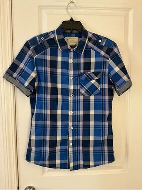 Marc Ecko Blue and White Plaid Short Sleeve Button-Down Shirt, S